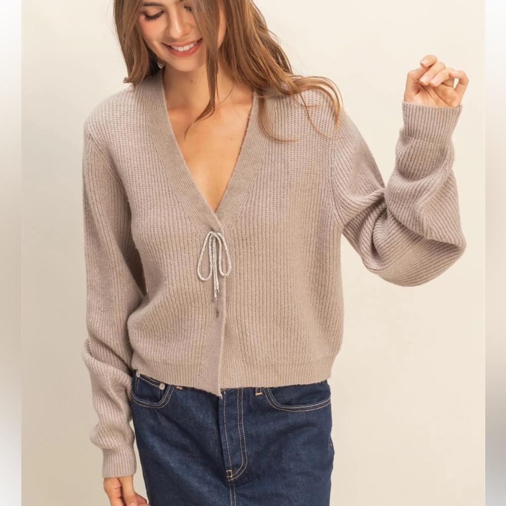 HYFVE Sparkly Bow Embellished Mocha Taupe Cardigan | Holiday Sweater size L